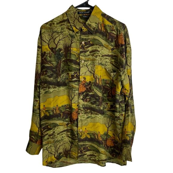 Vtg Silk Club Shirt Mens Medium Long Sleeve Pictoral Equestrian Hunting Dogs - Picture 1 of 9